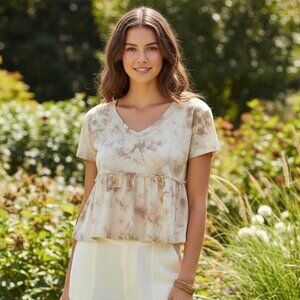 NEW So Beige Cream L Tie Dye Peplum Tee Top Swing Cottage Casual Neutral Boho